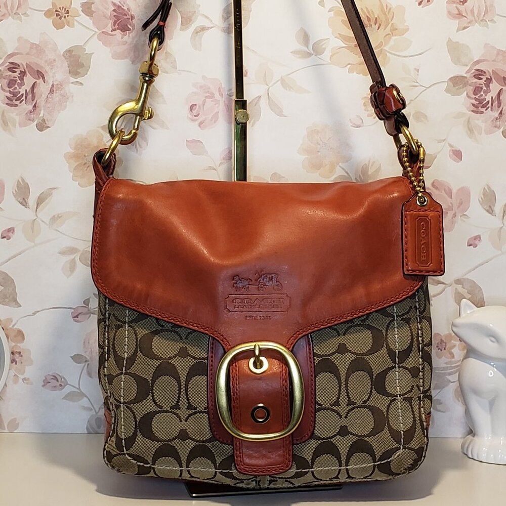 Vintage COACH Y2K Bleecker Red Orange Flap Leather & Canvas Bag 11434